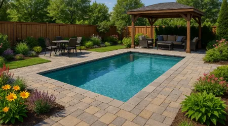 Luxury Pool Landscaping With paver pool deck, seating area, pavilion, and surrounding garden beds.